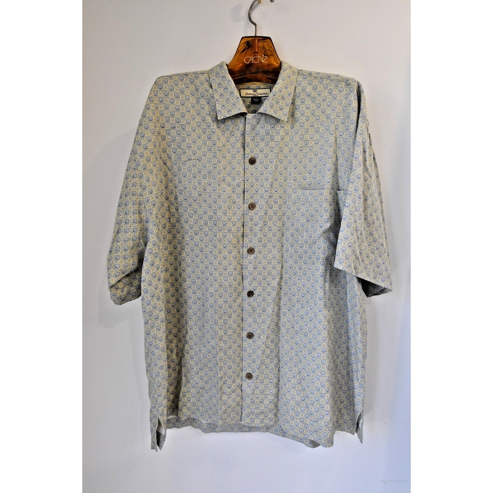 Tommy Bahama Mens Large Camp Shirt 100% Silk Seashell Print Blue Tan Button Down